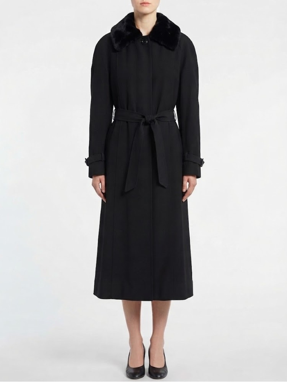 UTEX Black Long Belted Coat with Removable Fur Collar and Lining - Sz 16